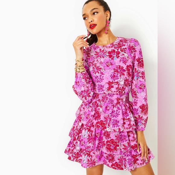 Lilly Pulitzer Khloey Smocked A-Line Ruffle Tiered Skirt Cotton Dress SZ 10 - Picture 4 of 5